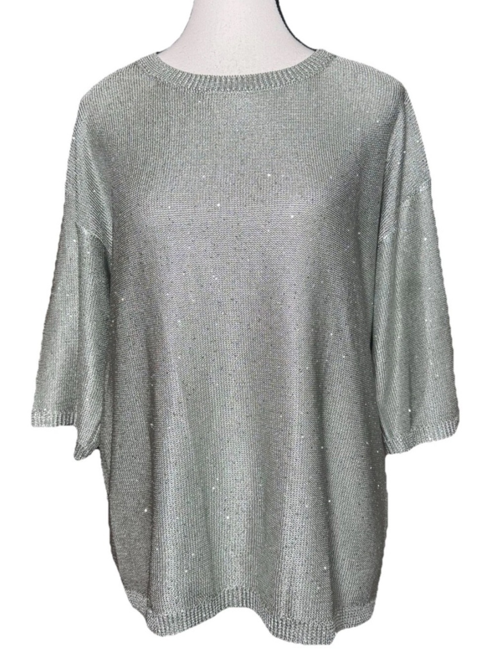 Donna Karan New York Silver Sequin Tunic Top Medium Metallic 3/4 Sleeves Evening